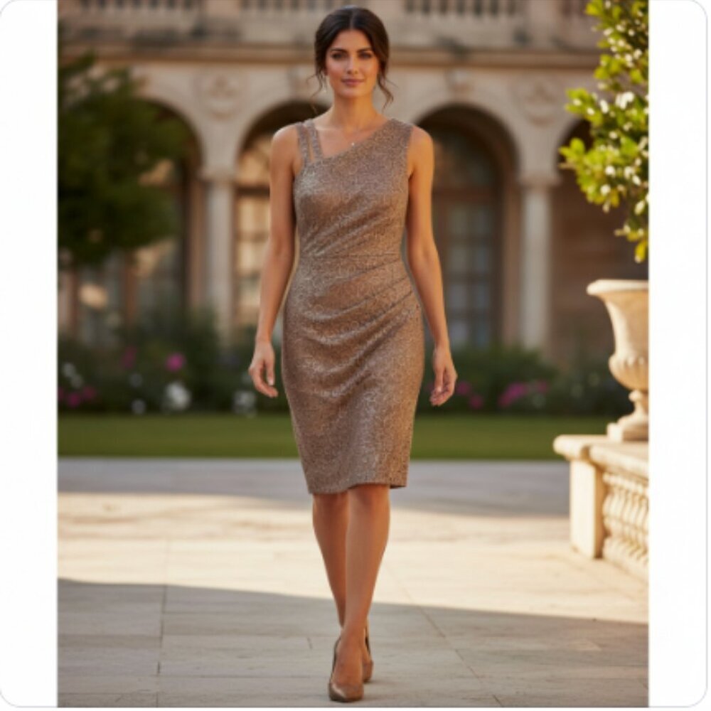 JAX Gold Champagne Sequin & Lace Sheath Dress, Size 8